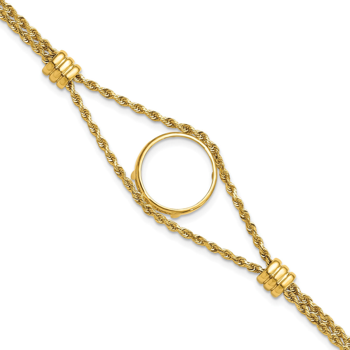 Australian 1/10 oz Gold Kangaroo $15 Coin Bezel Bracelet Prong Set 2 Station Double Rope Coin Bezel Bracelet in 14k Yellow Gold