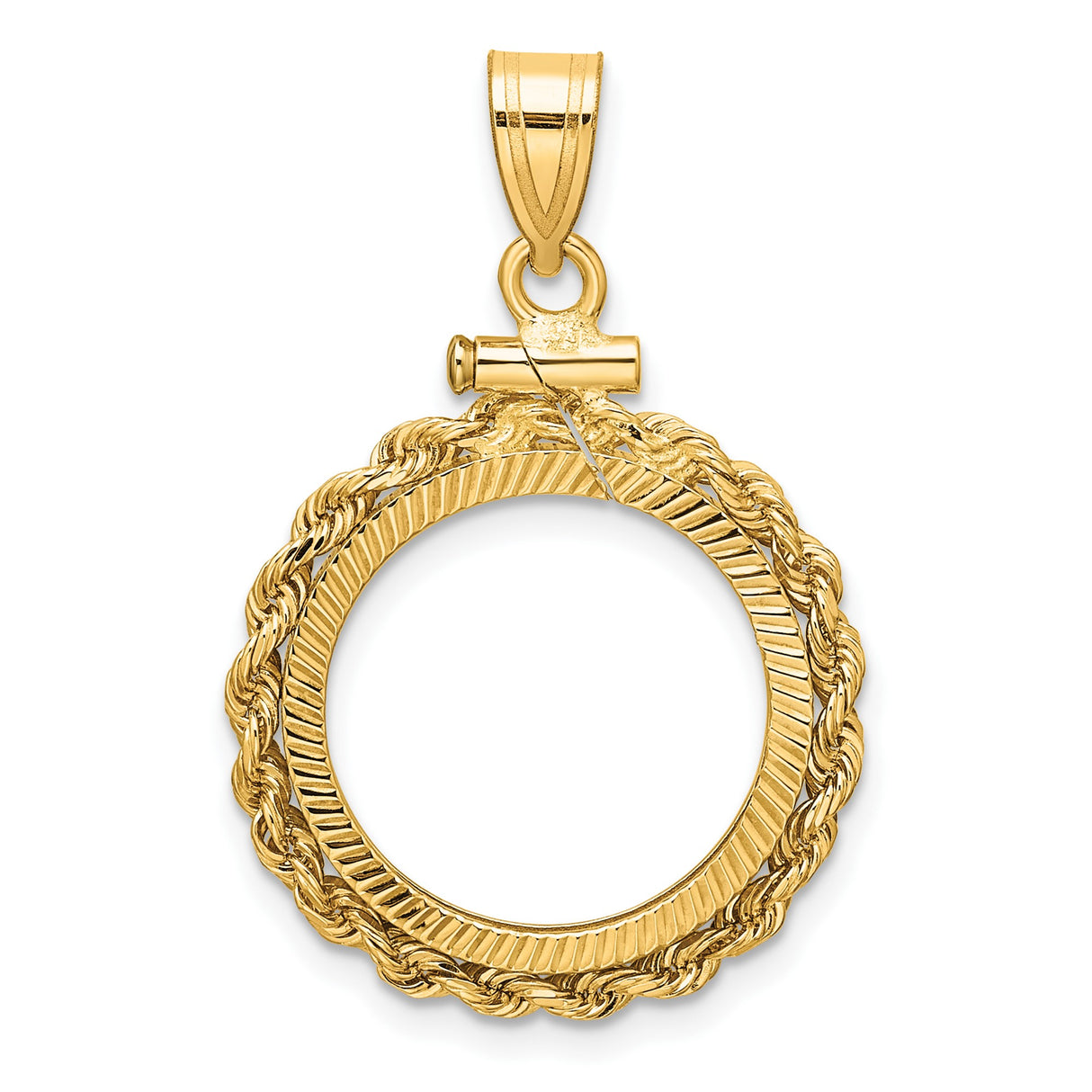 Australian 1/10 oz Gold Kangaroo $15 Coin Bezel Pendant Screw Top Petite Diamond-Cut Knotted Rope in 10k Yellow Gold