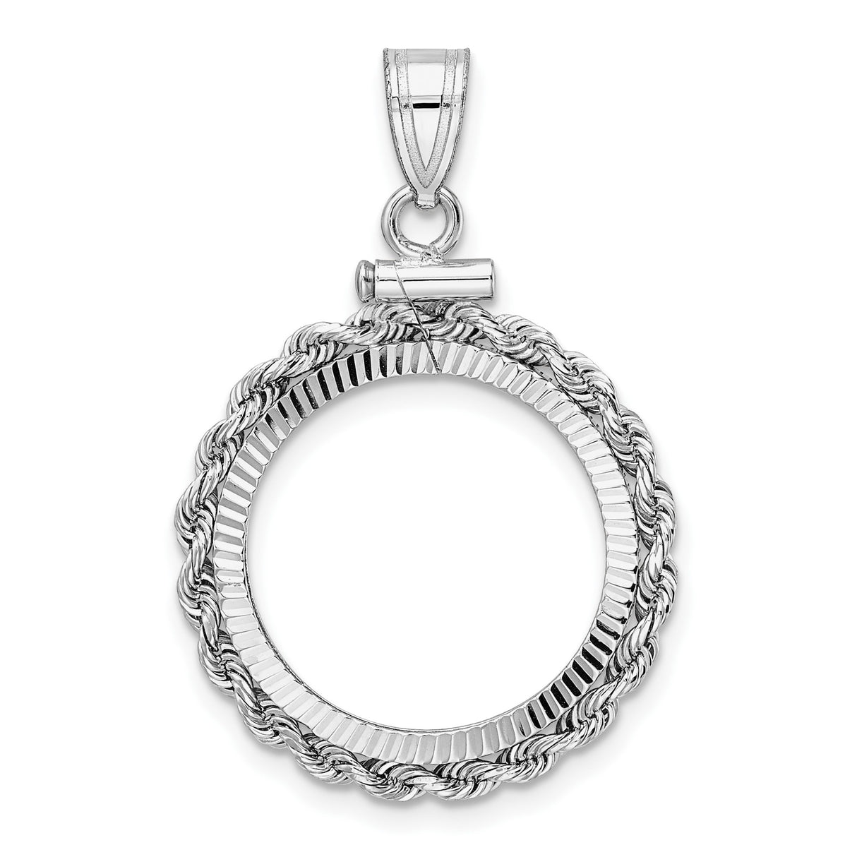 Isle of Man 1/10 oz Gold Cat Coin Bezel Pendant Screw Top Diamond-Cut Polished Rope in 14k White Gold