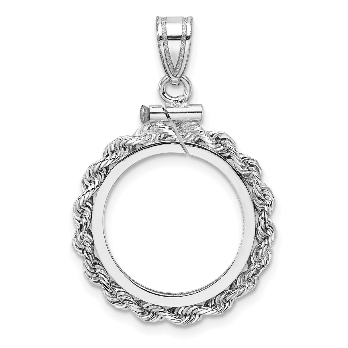 Australian 1/10 oz Gold Kangaroo $15 Coin Bezel Pendant Screw Top Petite Knotted Rope in 14k White Gold