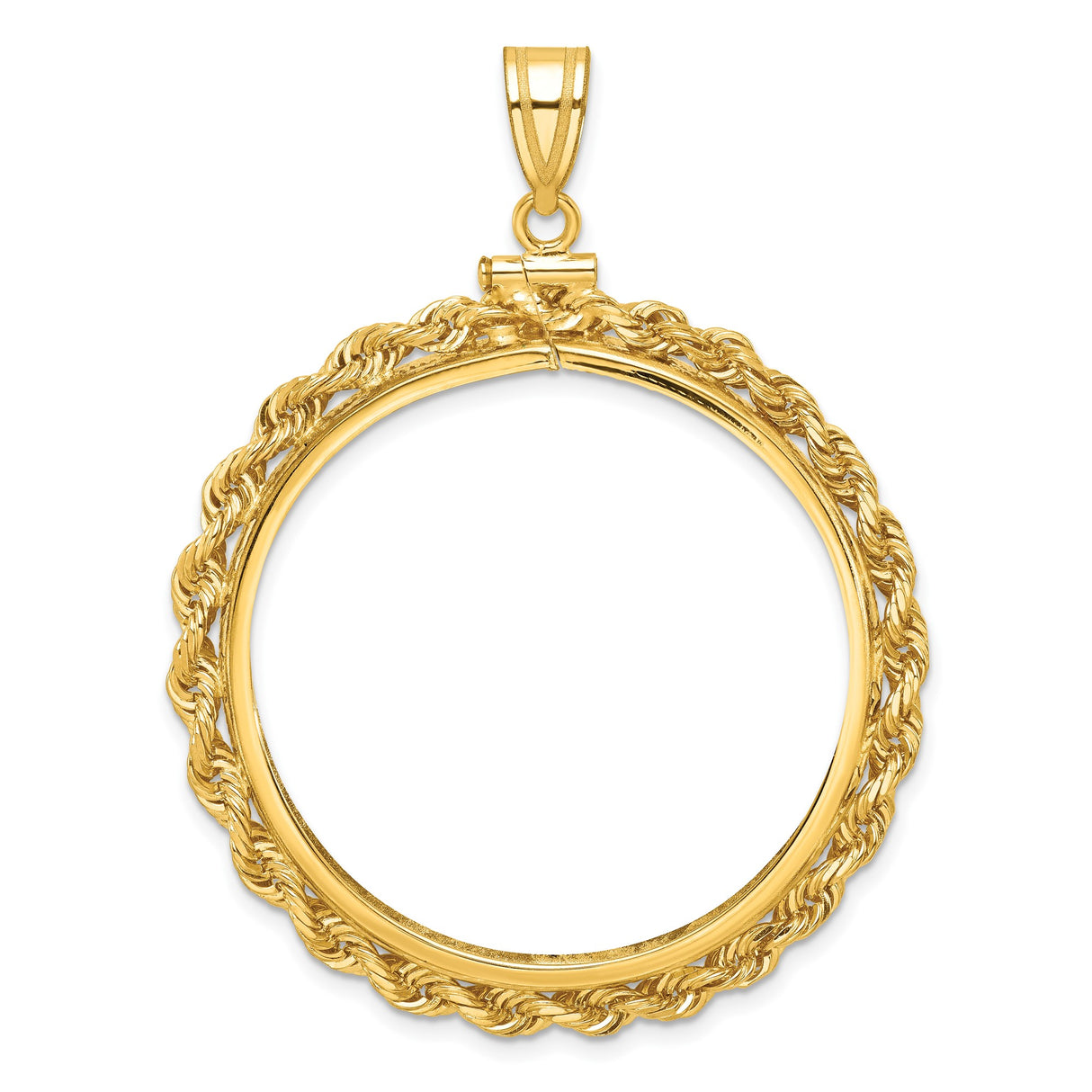39.5 mm Coin Bezel Pendant Petite Knotted Rope Screw Top in 14k Yellow Gold