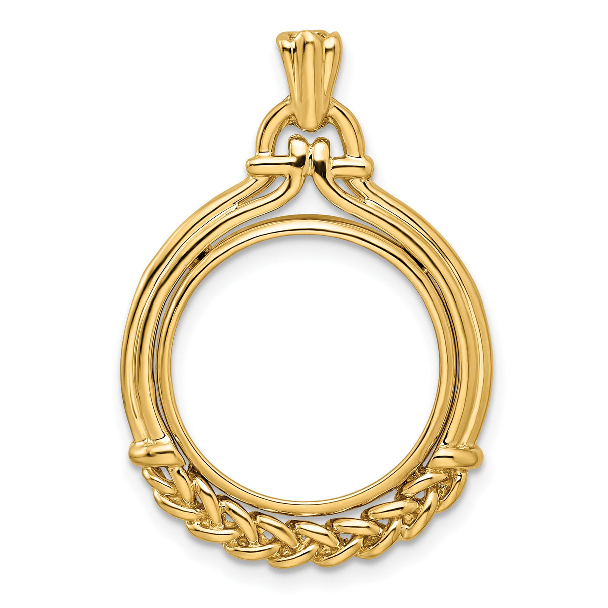 Australian 1/10 oz Gold Kangaroo $15 Coin Bezel Pendant Prong Set Wheat Chain Design Bottom in 14k Yellow Gold