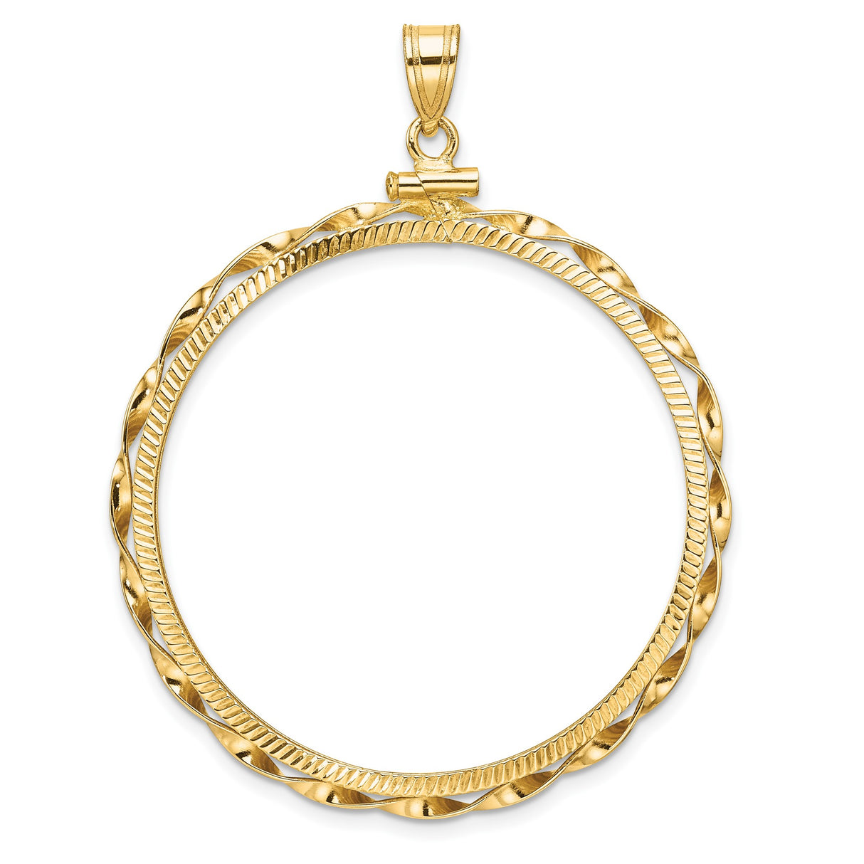 37 mm Coin Bezel Pendant Diamond-Cut Twisted Ribbon Screw Top in 14k Yellow Gold