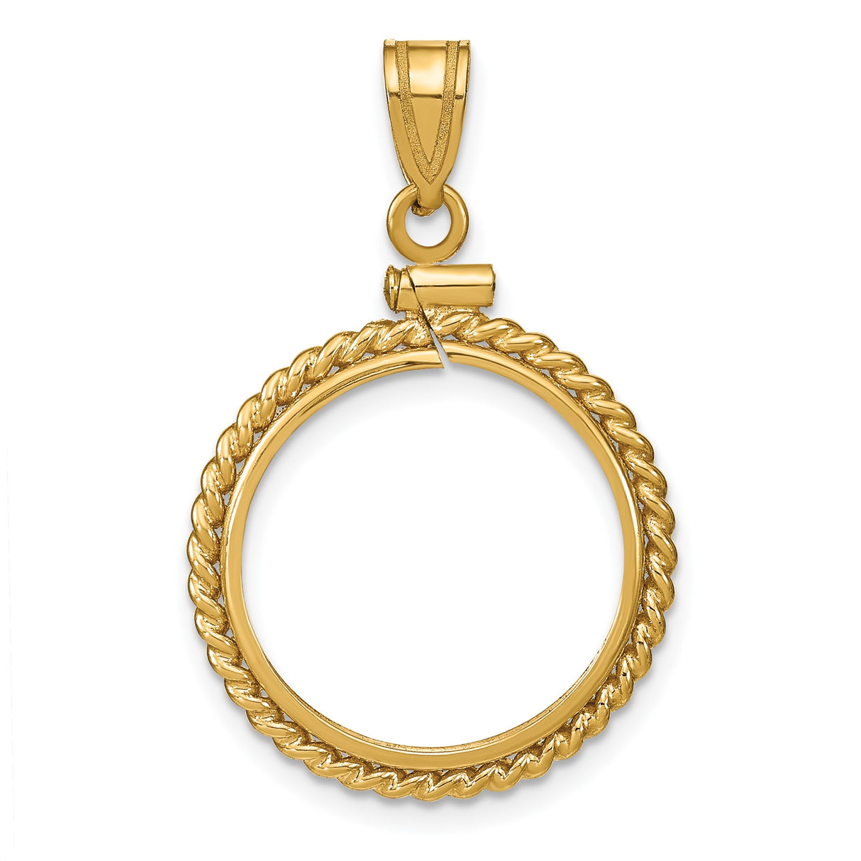 Australian 1/10 oz Gold Lunar $15 Coin Series 1 Coin Bezel Pendant Screw Top Braided Rope Twist in 14k Yellow Gold