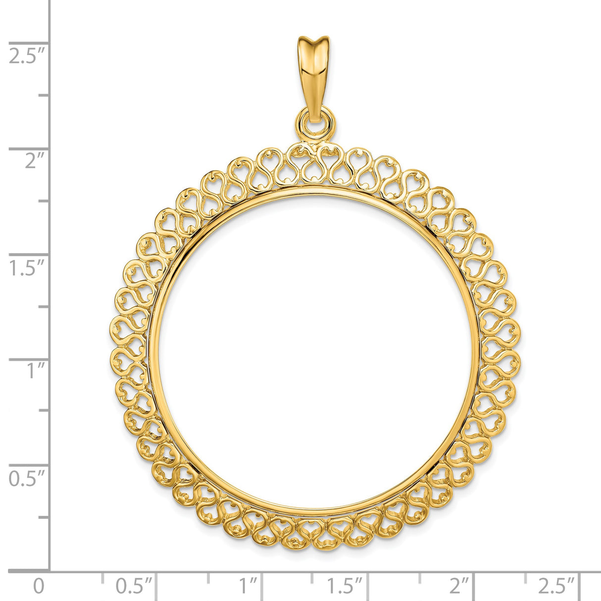 39.5 mm Coin Bezel Pendant Filigree Hearts Prong Set in 14k Yellow Gold