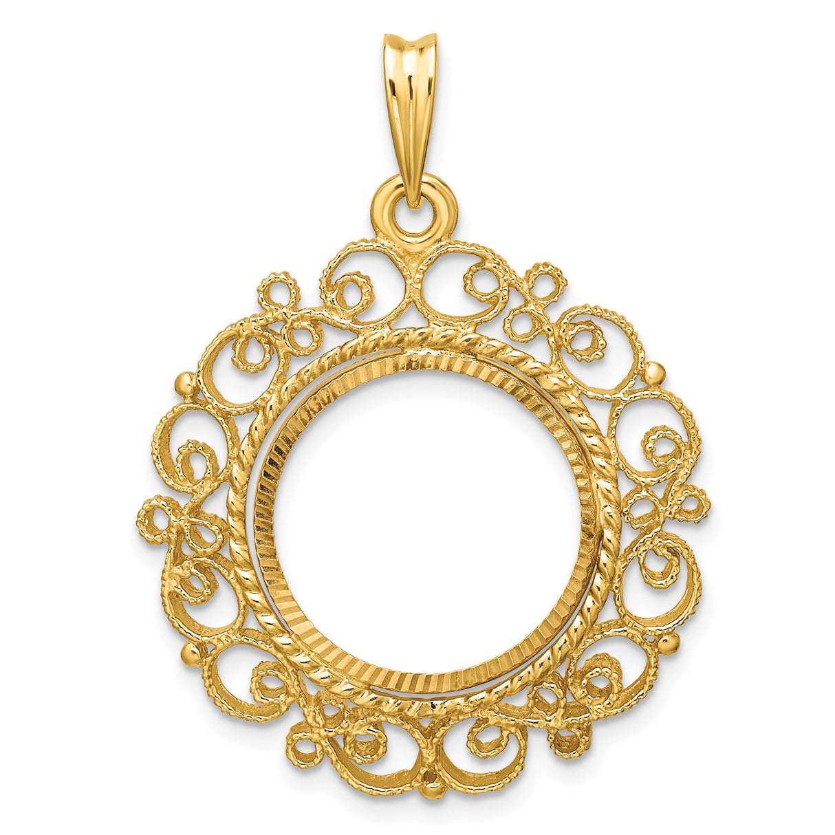 Australian 1/10 oz Gold Koala $15 Coin Bezel Pendant Prong Set Diamond-Cut Filigree Victorian in 14k Yellow Gold