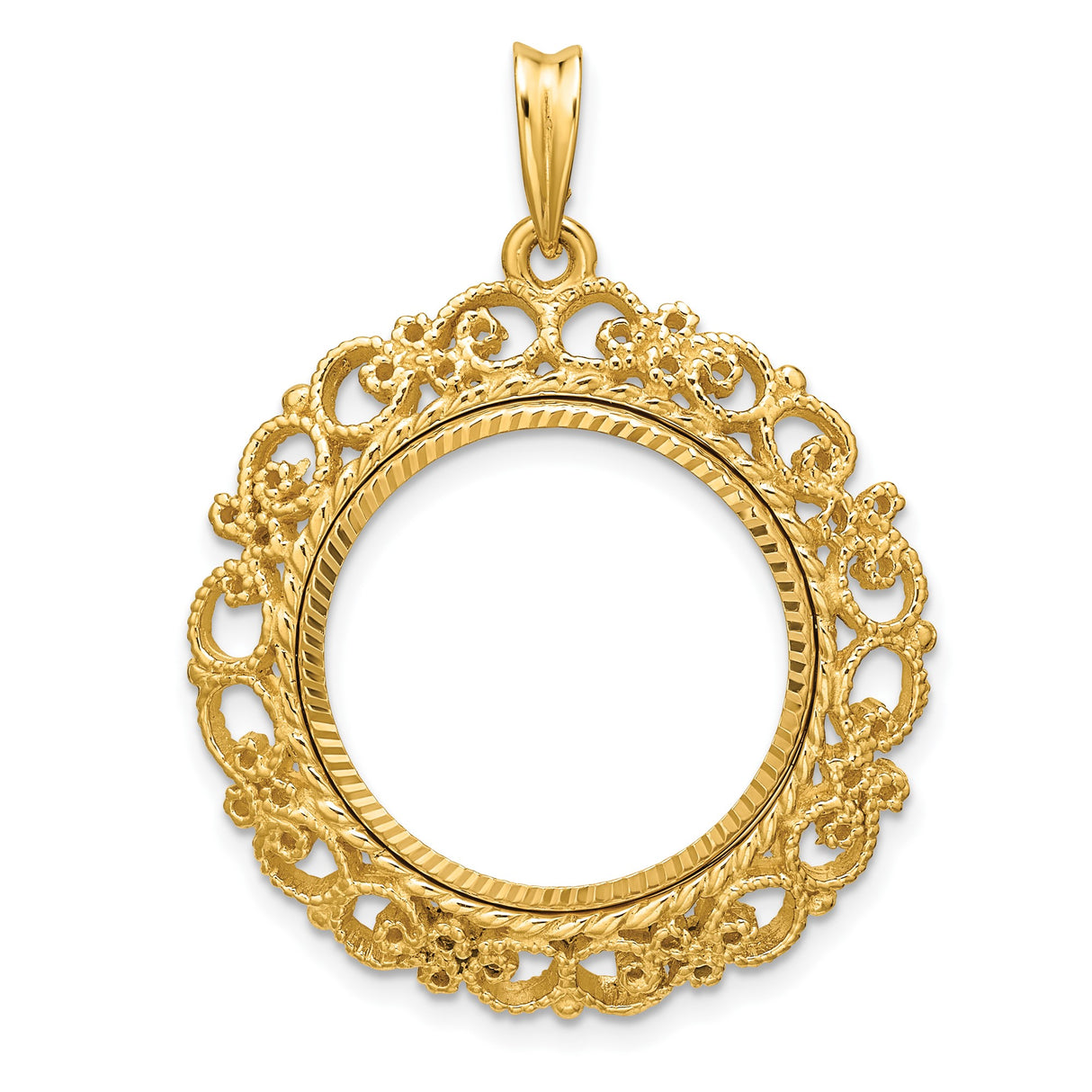 19.5 mm Coin Bezel Pendant Diamond-Cut Filigree Victorian Prong Set in 14k Yellow Gold