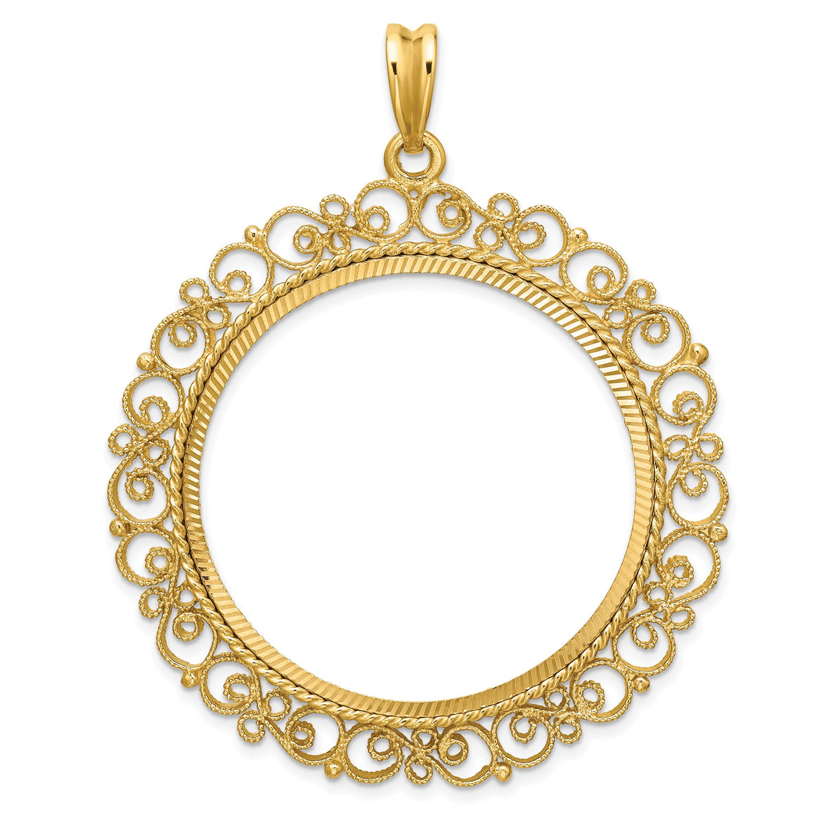 37 mm Coin Bezel Pendant Diamond-Cut Filigree Victorian Prong Set in 14k Yellow Gold