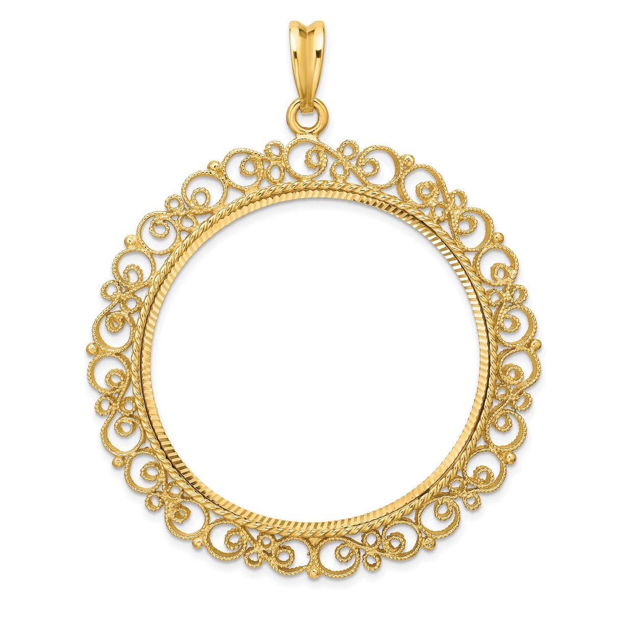 39.5 mm Coin Bezel Pendant Diamond-Cut Filigree Victorian Prong Set in 14k Yellow Gold