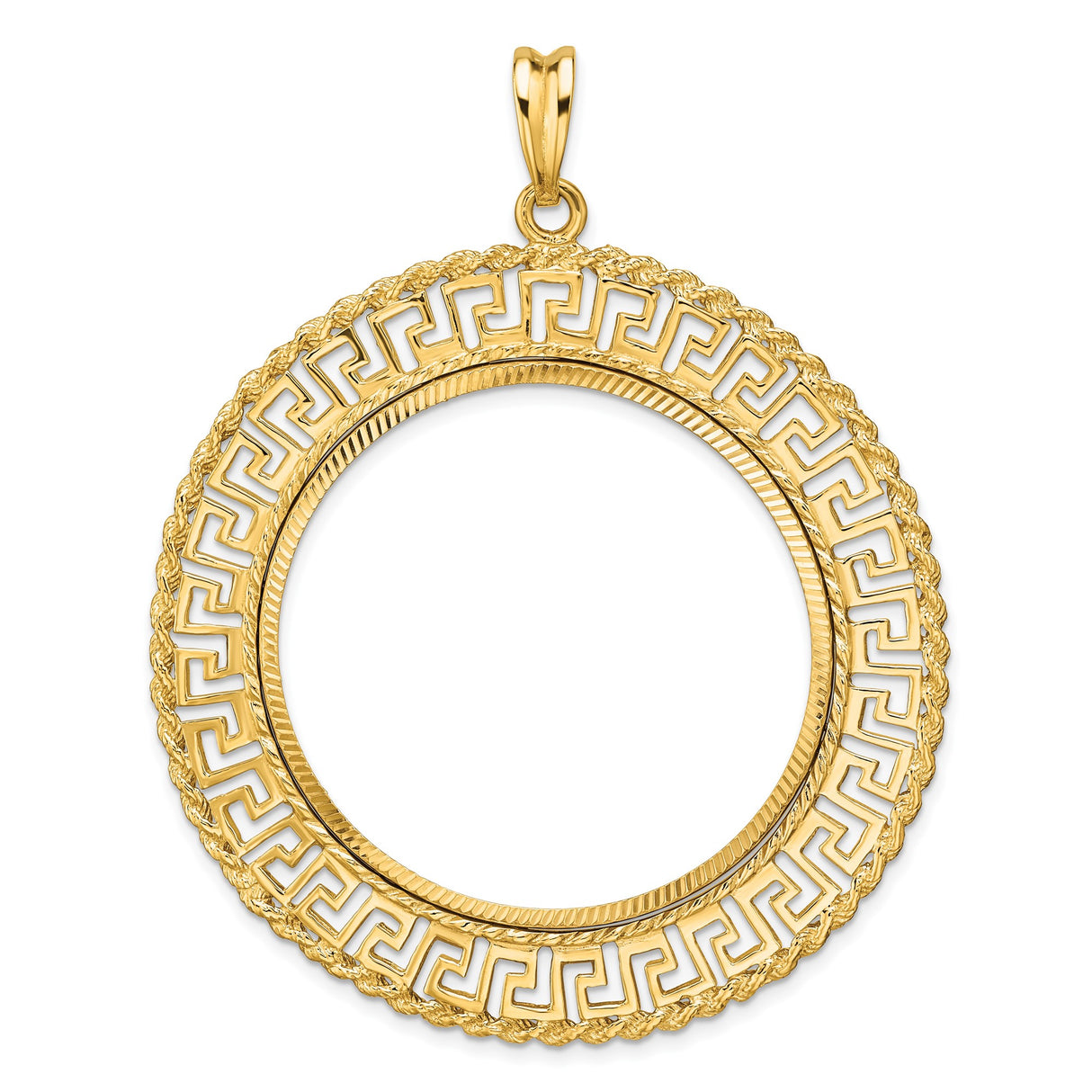 Mexican 50 Pesos Gold Centenario Coin Bezel Pendant Prong Set Diamond-Cut Greek Key Rope