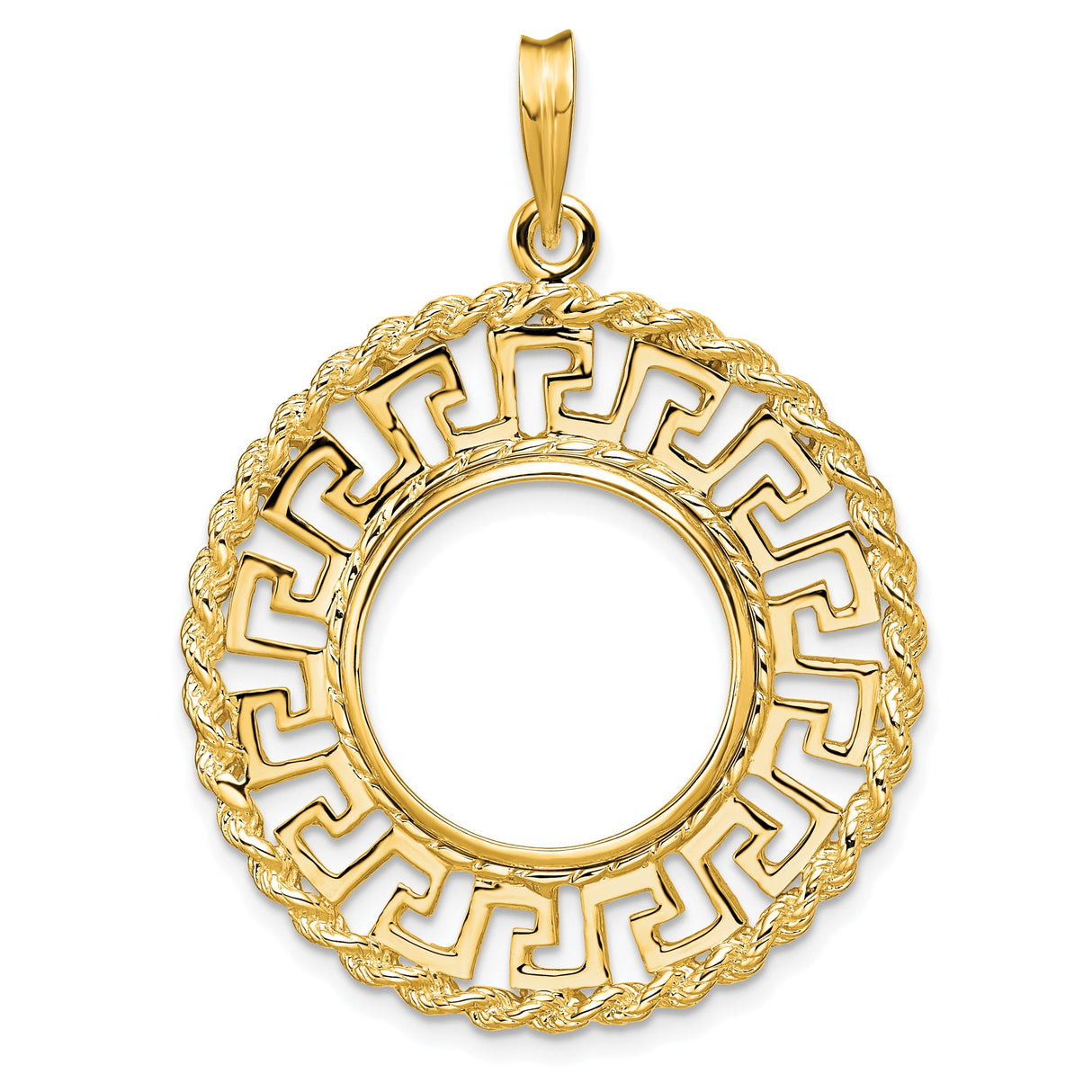 Australian 1/10 oz Gold Kangaroo $15 Coin Bezel Pendant Prong Set Greek Key Rope in 14k Yellow Gold