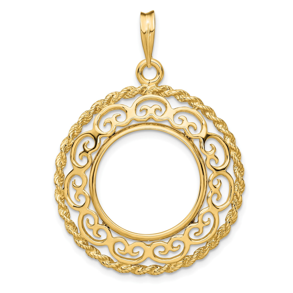 Isle of Man 1/10 oz Gold Cat Coin Bezel Pendant Prong Set Rope and Scroll in 14k Yellow Gold