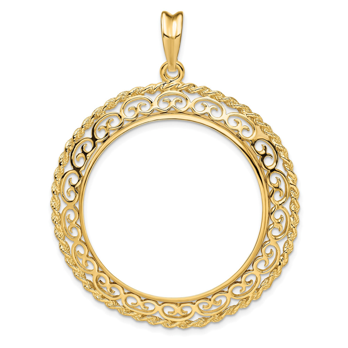 Isle of Man 1 oz Gold Angel £5 Coin Series 1 Coin Bezel Pendant Prong Set Rope and Scroll in 14k Yellow Gold