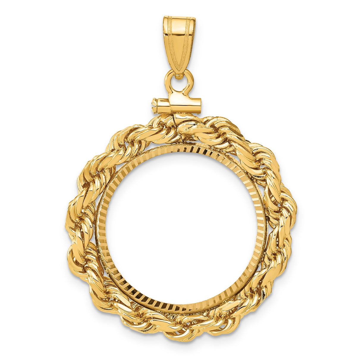 Australian 1/4 oz Gold Lunar $25 Coin Series 1 Coin Bezel Pendant Screw Top Large Diamond-Cut Knotted Rope in 14k Yellow Gold