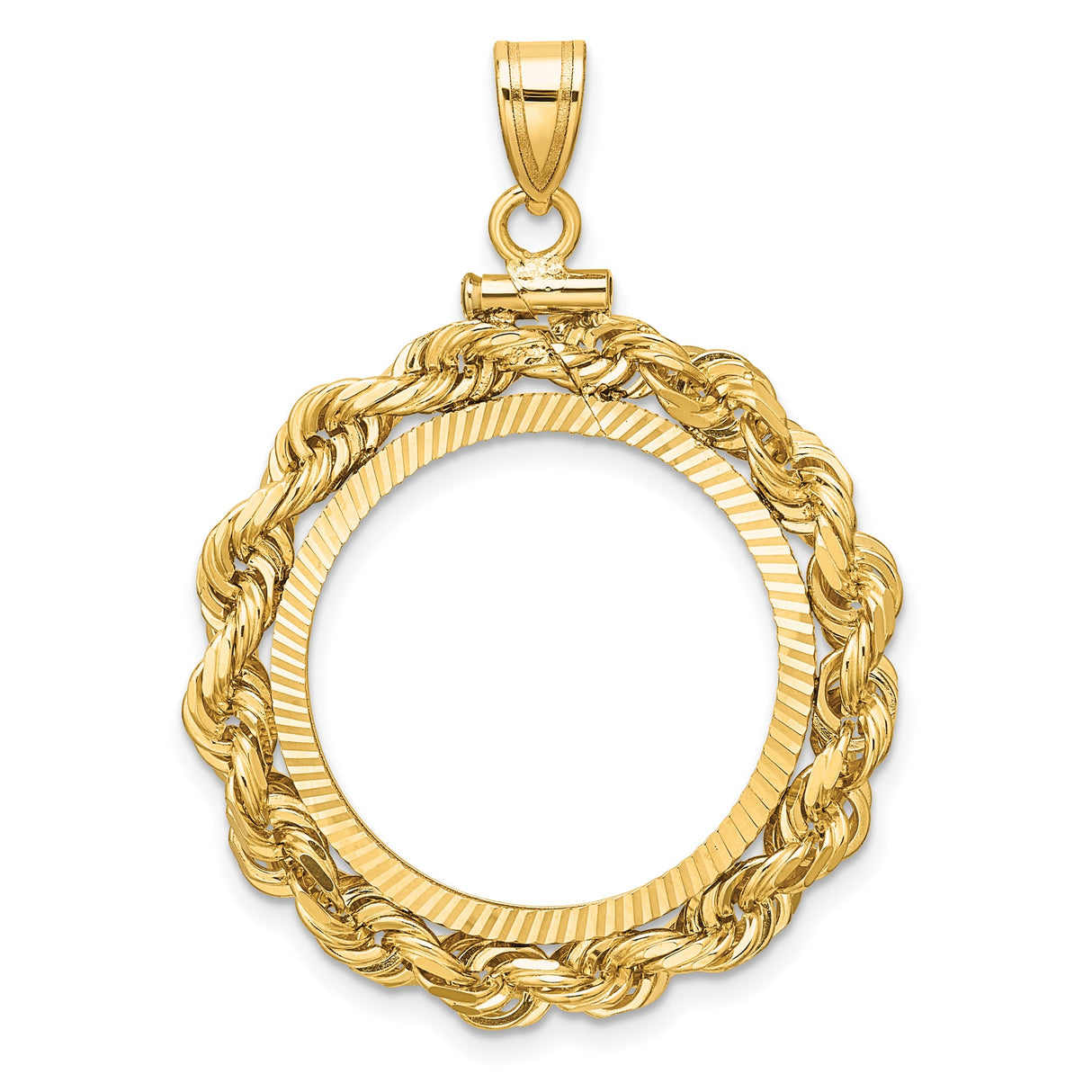 Italy Gold 20 Lire Coin Bezel Pendant Screw Top Large Diamond-Cut Knotted Rope in 14k Yellow Gold
