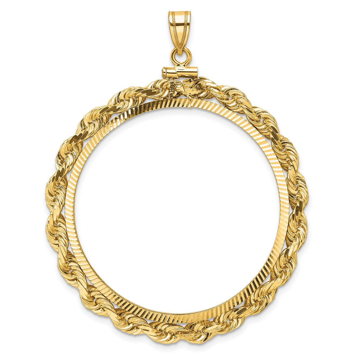 37 mm Coin Bezel Pendant Large Diamond-Cut Knotted Rope Screw Top in 14k Yellow Gold