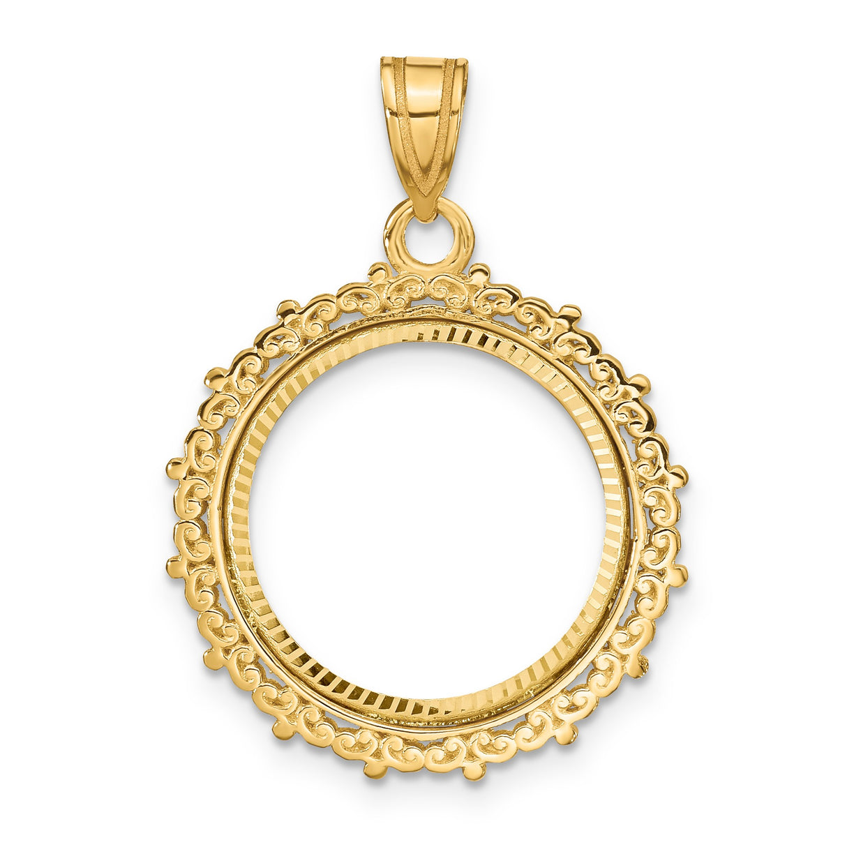 Australian 1/10 oz Gold Kangaroo $15 Coin Bezel Pendant Prong Set Diamond-Cut Fancy Scroll in 14k Yellow Gold