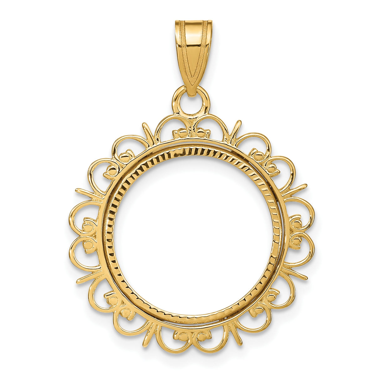 Australian 1/10 oz Gold Kangaroo $15 Coin Bezel Pendant Prong Set Diamond-Cut Ornate Border in 14k Yellow Gold