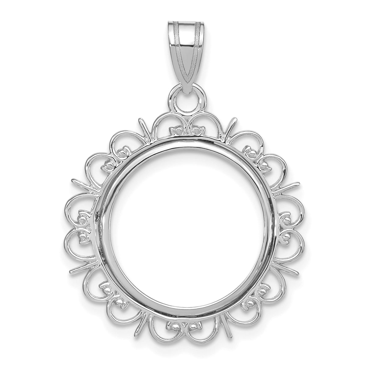 Australian 1/10 oz Gold Koala $15 Coin Bezel Pendant Prong Set Ornate Border in 14k White Gold
