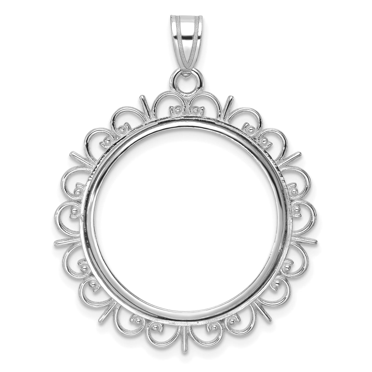 US 1/4 oz Platinum American Eagle $25 Coin Bezel Pendant Prong Set Ornate Border in 14k White Gold