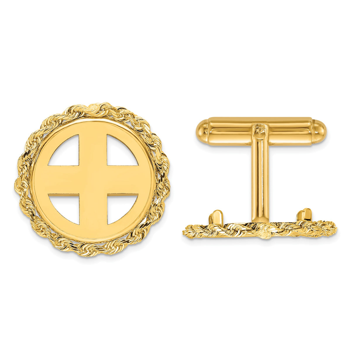 Australian 1/10 oz Gold Lunar $15 Coin Series 3 Coin Bezel Cuff Links Prong Set Polished Rope in 14k Yellow Gold