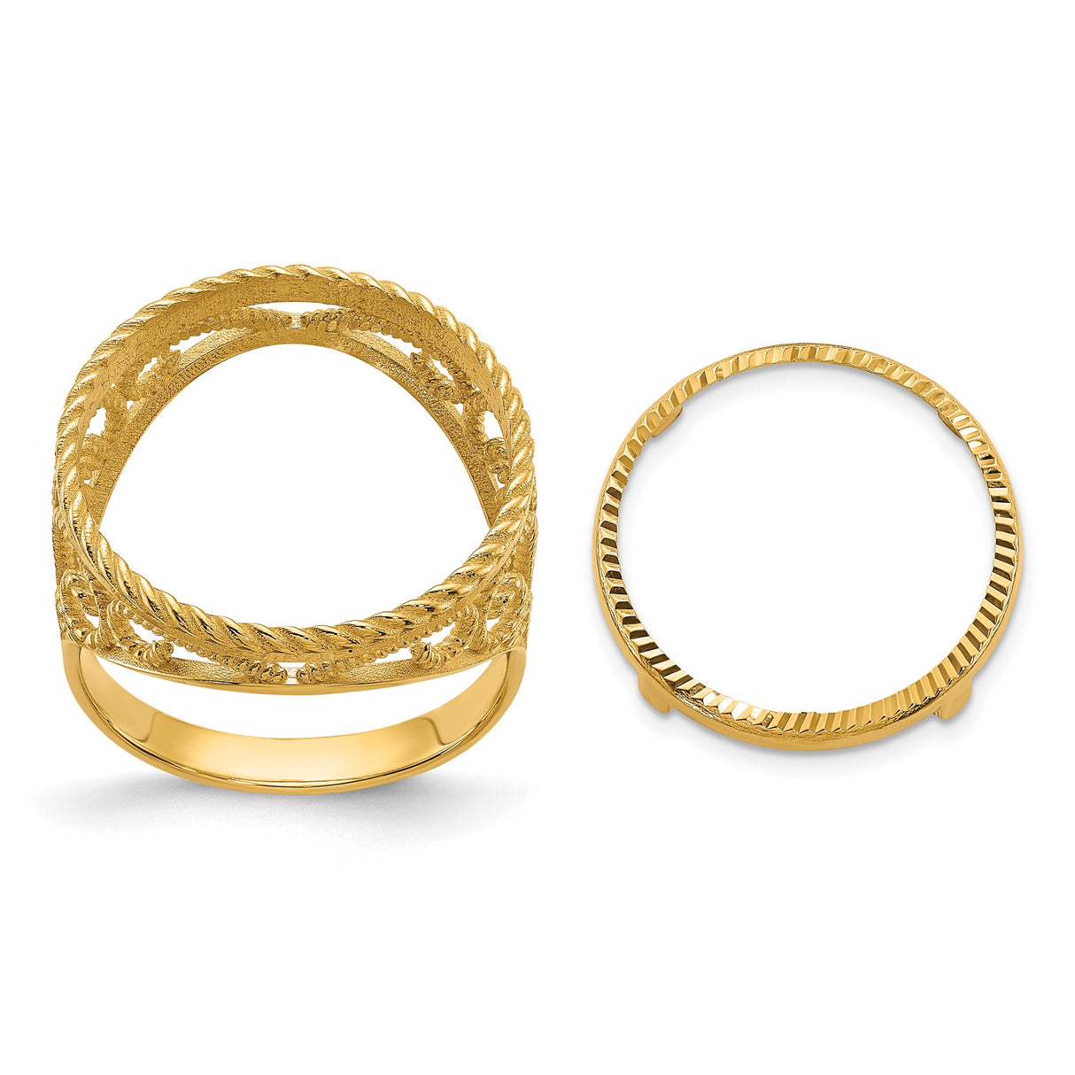 Australian 1/10 oz Gold Lunar $15 Coin Series 3 Coin Bezel Ring Prong Set Diamond-Cut Twisted Wire Scroll in 14k Yellow Gold