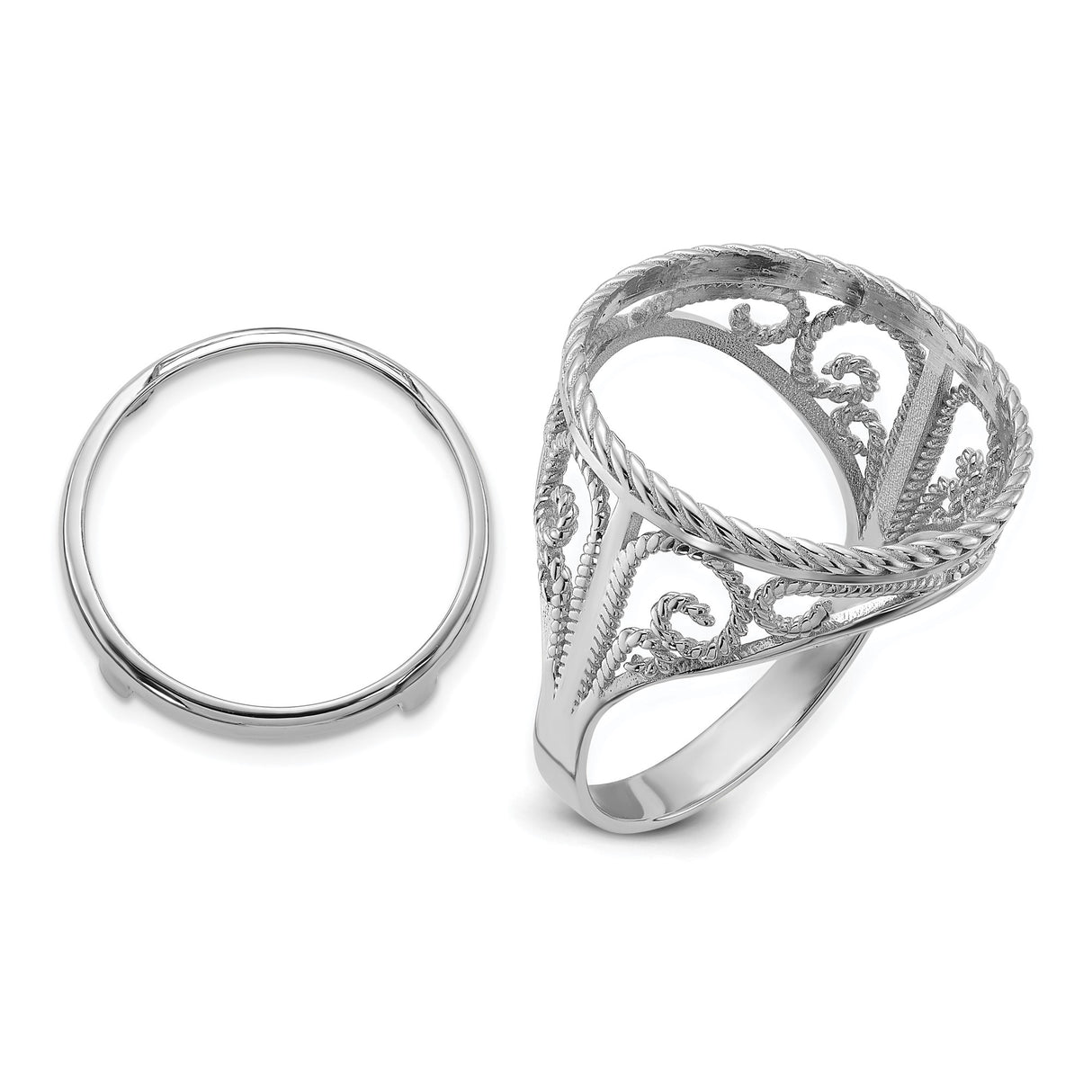 Australian 1/10 oz Gold Lunar $15 Coin Series 3 Coin Bezel Ring Prong Set Diamond-Cut Twisted Wire Scroll in 14k White Gold