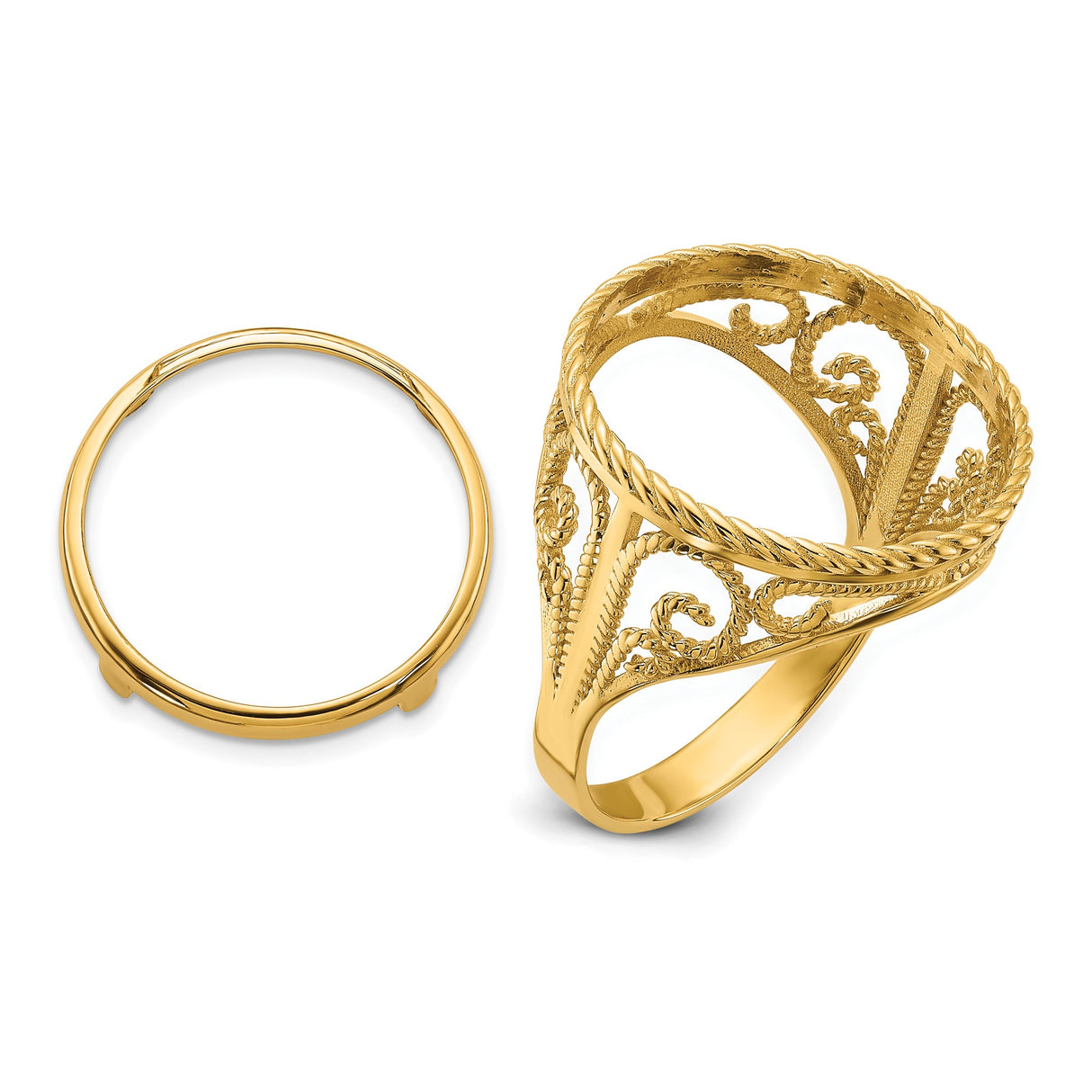 Australian 1/10 oz Gold Kangaroo $15 Coin Bezel Ring Prong Set Diamond-Cut Twisted Wire Scroll in 14k Yellow Gold