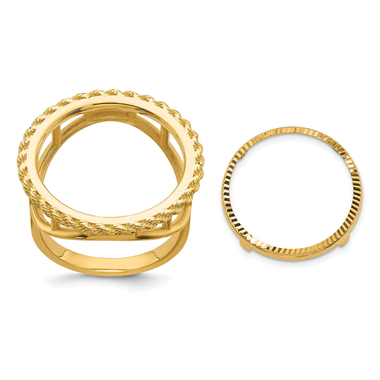 Australian 1/10 oz Gold Lunar $15 Coin Series 3 Coin Bezel Ring Prong Set Diamond-Cut Rope Edge in 14k Yellow Gold