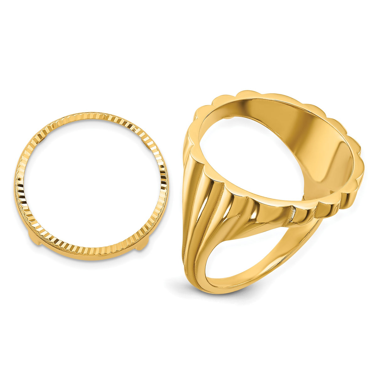 Australian 1/10 oz Gold Kangaroo $15 Coin Bezel Ring Prong Set Diamond-cut Fluted in 14k Yellow Gold