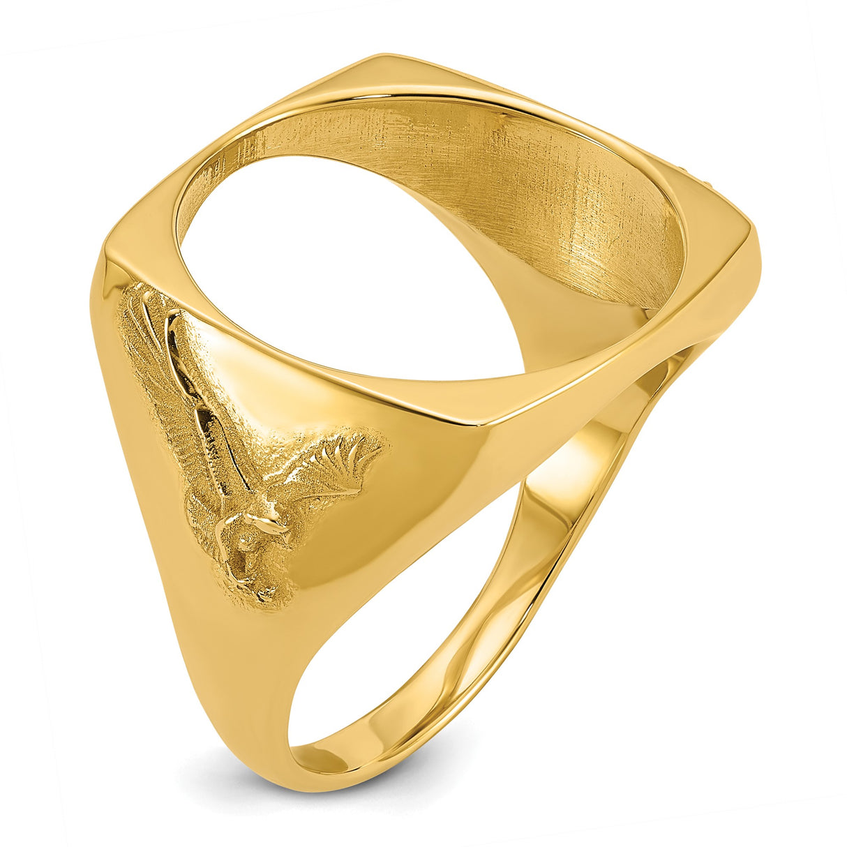 Australian 1/10 oz Gold Lunar $15 Coin Series 3 Coin Bezel Ring Prong Set Mens Diamond-Cut Flying Eagle Side Square Shaped in 14k Yellow Gold