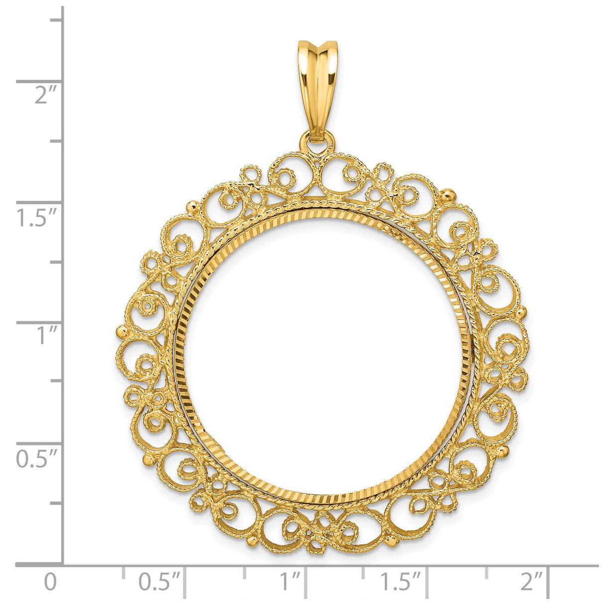 30 mm 14k Yellow Gold coin bezel pendant for Canadian $50 Maple Leaf — size reference (ruler)