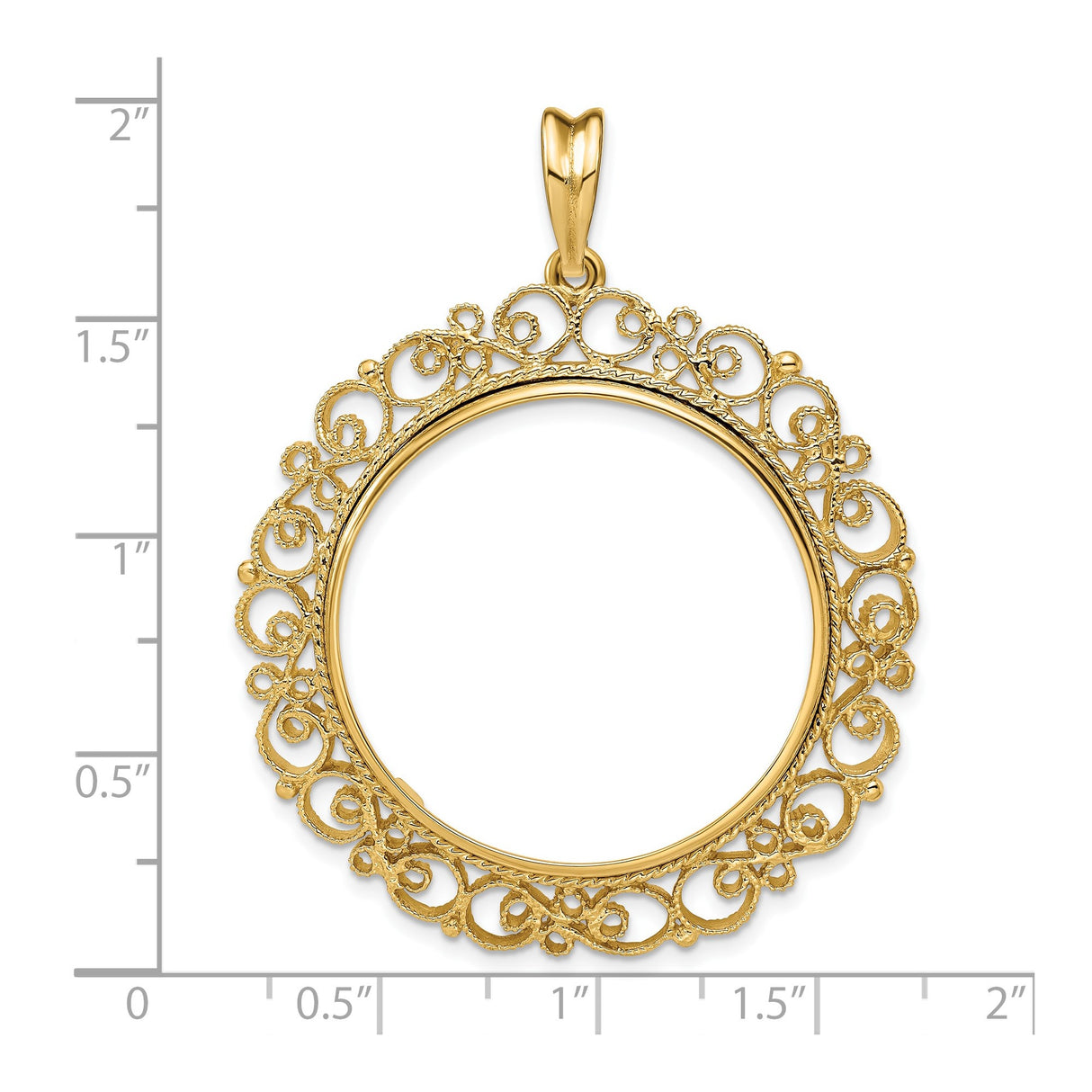 30 mm 14k Yellow Gold coin bezel pendant for Canadian $50 Maple Leaf — size reference (ruler)