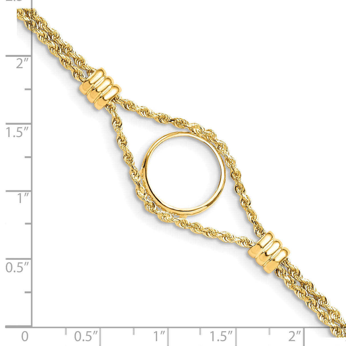 15 mm 14k Yellow Gold coin bezel bracelet for Canadian $2 Maple Leaf — size reference (ruler)