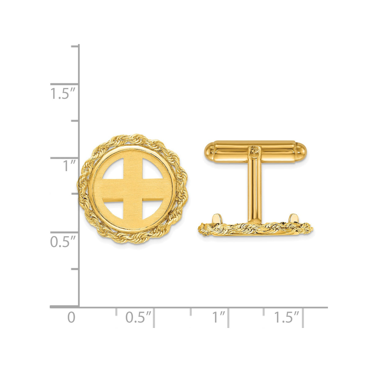 15 mm 14k Yellow Gold coin bezel cuff links for Canadian $2 Maple Leaf β size reference (ruler)
