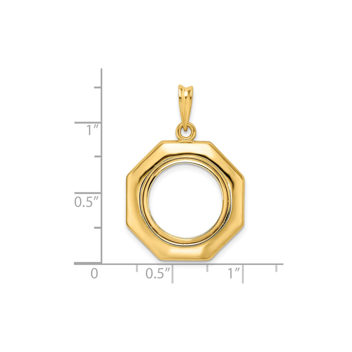 15 mm 14k Yellow Gold coin bezel pendant for Canadian $2 Maple Leaf — size reference (ruler)