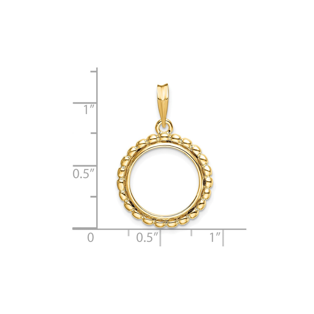 15 mm 14k Yellow Gold coin bezel pendant for Canadian $2 Maple Leaf — size reference (ruler)