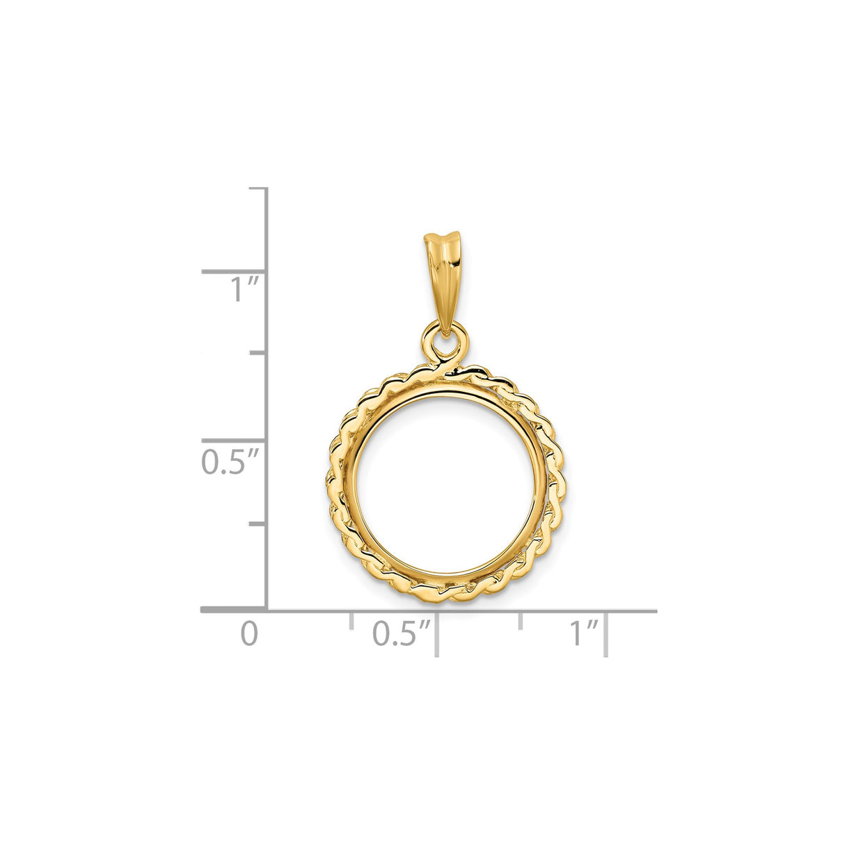 15 mm 14k Yellow Gold coin bezel pendant for Canadian $2 Maple Leaf — size reference (ruler)