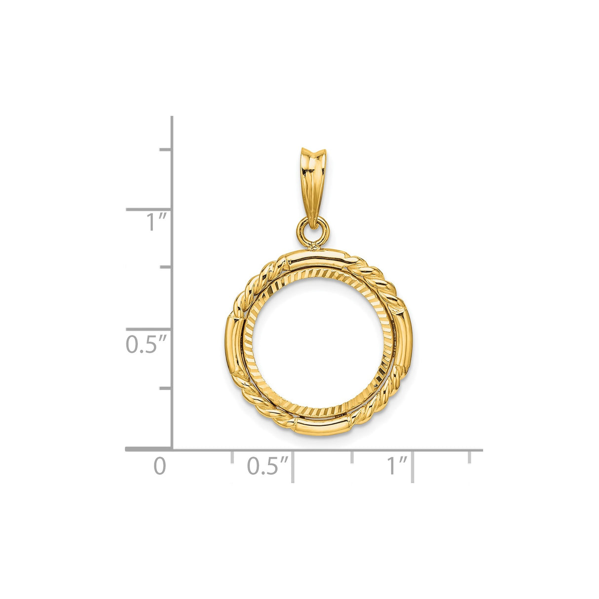 15 mm 14k Yellow Gold coin bezel pendant for Canadian $2 Maple Leaf — size reference (ruler)