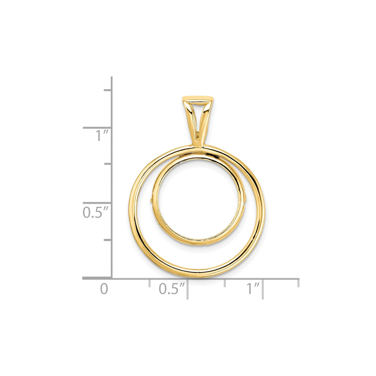 15 mm 14k Yellow Gold coin bezel pendant for Canadian $2 Maple Leaf — size reference (ruler)