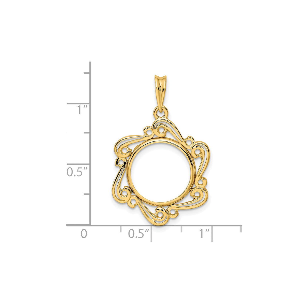15 mm 14k Yellow Gold coin bezel pendant for Canadian $2 Maple Leaf — size reference (ruler)