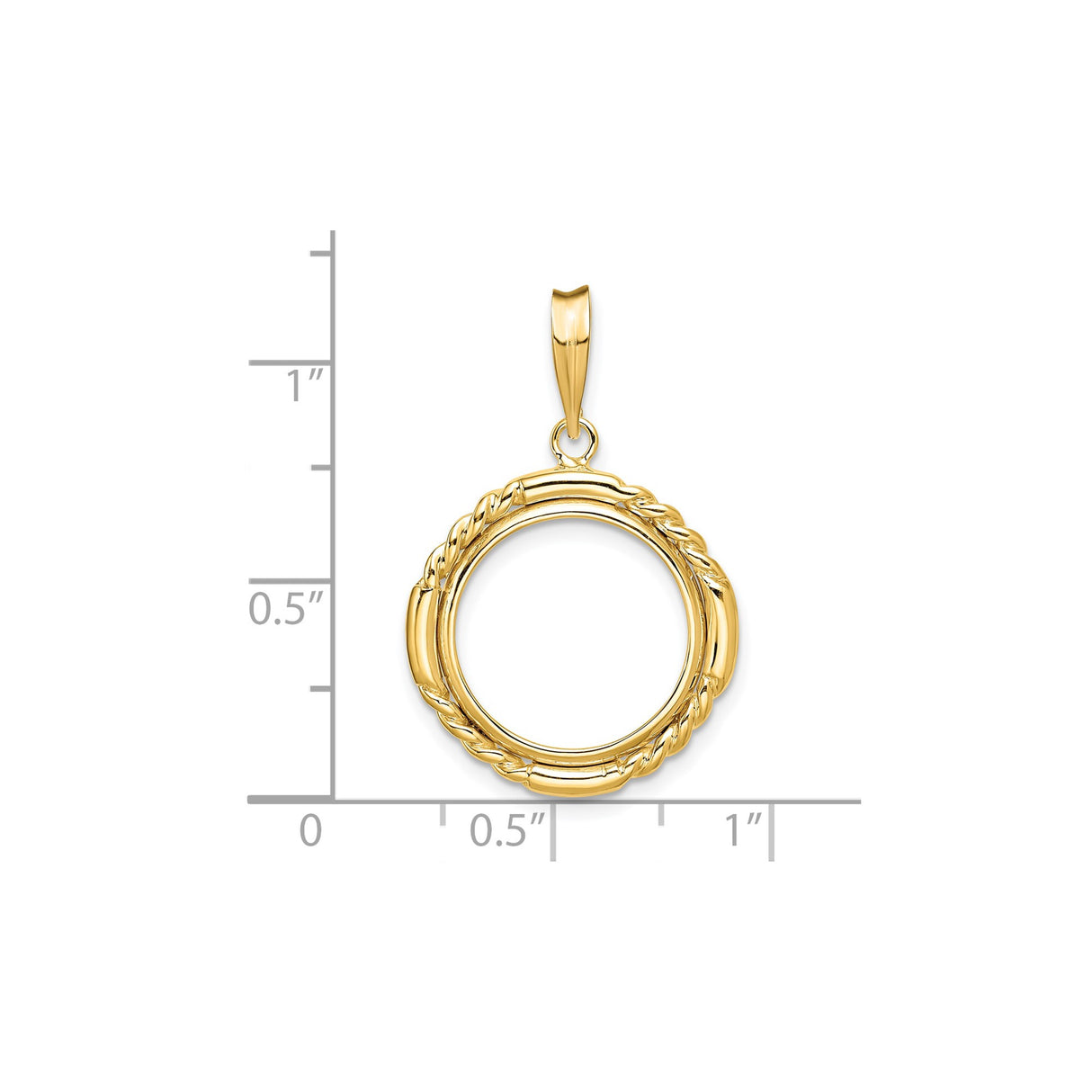 15 mm 14k Yellow Gold coin bezel pendant for Canadian $2 Maple Leaf — size reference (ruler)