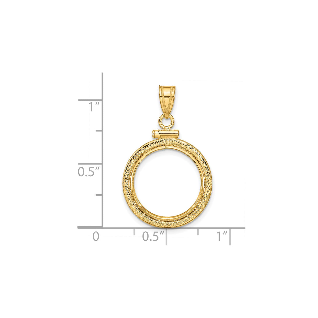 15 mm 14k Yellow Gold coin bezel pendant for Canadian $2 Maple Leaf — size reference (ruler)