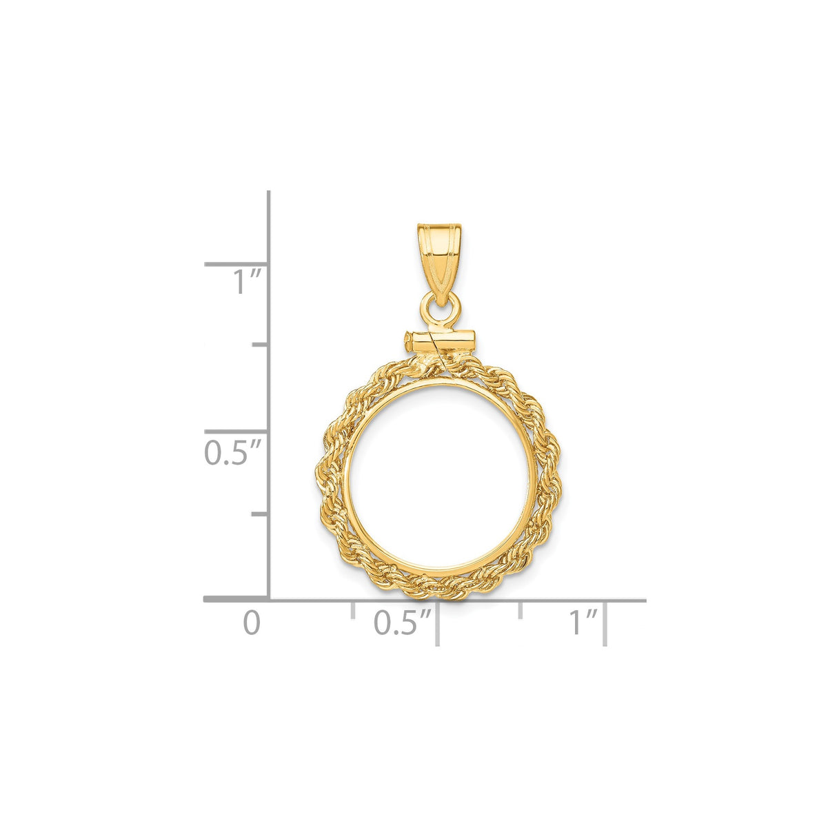 15 mm 14k Yellow Gold coin bezel pendant for Canadian $2 Maple Leaf — size reference (ruler)