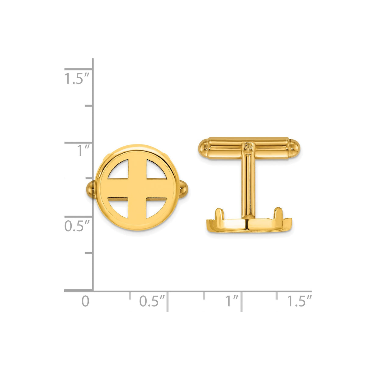 14 mm 14k Yellow Gold coin bezel cuff links for Canadian $1 Maple Leaf — size reference (ruler)