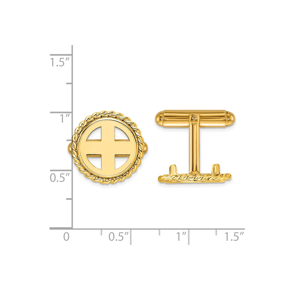 13 mm 14k Yellow Gold coin bezel cuff links for Mexican 2 Peso Peso — size reference (ruler)