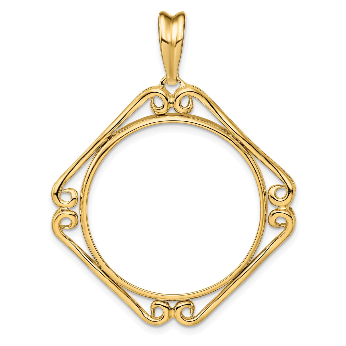 US 1/2 oz Platinum American Eagle $50 Coin Bezel Pendant Prong Set Cushion Filigree Scroll in 14k Yellow Gold