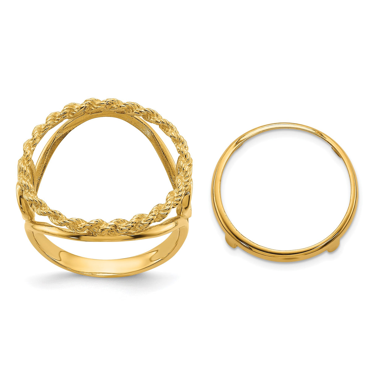 Australian 1/10 oz Gold Lunar $15 Coin Series 3 Coin Bezel Ring Prong Set Heart Sides Rope Edge in 14k Yellow Gold