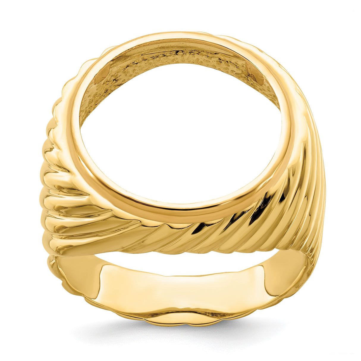 Australian 1/10 oz Gold Lunar $15 Coin Series 1 Coin Bezel Ring Prong Set Mens Polished Diagonal Fluting in 14k Yellow Gold