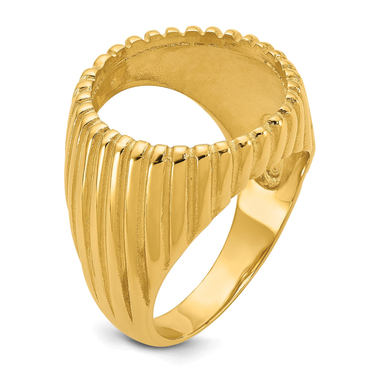 Australian 1/10 oz Gold Kangaroo $15 Coin Bezel Ring Prong Set Polished Vertical Fluting in 14k Yellow Gold